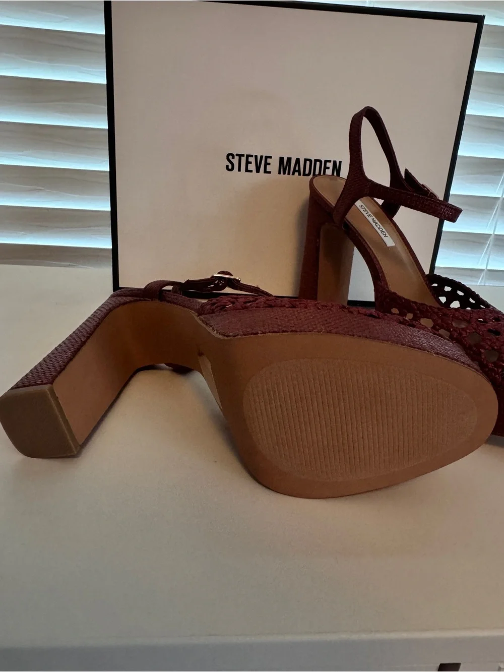 Steve Madden Lexie Raffia Woven Red Platform Block Heels
